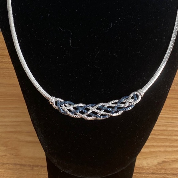 0.5ct TDW Blue Topaz & White Diamond Weave Omega Necklace Silver Plated - Picture 2 of 7